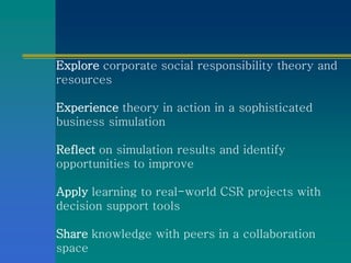 Explore corporate social responsibility theory and
resources
Experience theory in action in a sophisticated
business simul...