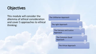 Objectives
This module will consider the
dilemma of ethical consideration
and cover 5 approaches to ethical
thinking:
The ...