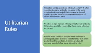 Utilitarian
Rules
The action will be considered ethical, if and only if, when
repeating the same action by everyone in the...