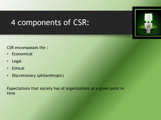 4 components of CSR:
CSR encompasses the :
• Economical
• Legal
• Ethical
• Discretionary (philanthropic)
Expectations that society has of organizations at a given point in
time
 