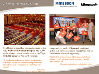 Companies That Make a Difference In addition to providing the supplies used in the kits,  McKesson Medical Surgical  had 1,200 national sales reps at a conference in Las Vegas fill 6,000 Caregiver Kits in 45 minutes. “ It totally changed the morale and atmosphere of the week. People had tears streaming down their faces; they were so impacted by what they were doing.” – Toby Capps Account Manager, McKesson No group too small… Microsoft  employees gather in a conference room to assemble kits for a mid-week team-building activity . “ It’s hard to find a company [that] supports helping others…I can’t think of another company I would want to work for.” – Microsoft employee during a kit building event 