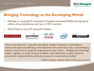 Companies That Make a Difference Bringing Technology to the Developing World NetHope is a nonprofit IT consortium of leading international NGOs serving tens of millions of end beneficiaries each year in 150+ countries World Vision is one of 27 nonprofit members “ Now more than ever, nonprofits face tighter budgets. Investing in technology to improve the speed and efficiency of humanitarian and conservation aid in the developing world is critical, but it’s tough for organizations to go it alone… Bringing top technology leaders  together to tackle common problems  and collaborate to share resources across their combined efforts will make everyone’s investments go farther.”   – William Brindley, NetHope CEO and Executive Director 
