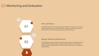 01
02
KPIs and Metrics
Establishing Key Performance Indicators (KPIs) and metrics is crucial for
evaluating the success of CSR initiatives, helping organizations assess
impact and make informed adjustments when necessary.
Regular Reporting Mechanisms
Implementing regular reporting mechanisms ensures transparency and
accountability in CSR activities, allowing stakeholders to understand
progress and challenges while reinforcing the importance of corporate
responsibility.
Monitoring and Evaluation
 