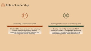 Effective CSR is driven by leaders who genuinely
commit to social responsibility, aligning
corporate strategies with ethical practices and
the long- term welfare of society.
Leadership Commitment to CSR
Creating a leadership team aware of CSR’s
importance fosters a culture where responsible
practices are embraced, thereby enhancing
employee engagement and stakeholder trust.
Building a CSR-Conscious Leadership Team
Role of Leadership
 