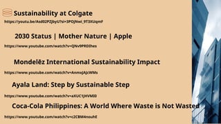 Sustainability at Colgate
https://youtu.be/Asd02PZjbyU?si=3POjNwi_9T3XUqmF
2030 Status | Mother Nature | Apple
https://www.youtube.com/watch?v=QNv9PRDIhes
Mondelēz International Sustainability Impact
https://www.youtube.com/watch?v=AnmxJAJcWMs
Ayala Land: Step by Sustainable Step
https://www.youtube.com/watch?v=aXUC1JHVMI0
Coca-Cola Philippines: A World Where Waste is Not Wasted
https://www.youtube.com/watch?v=c2CBM4nouhE
 