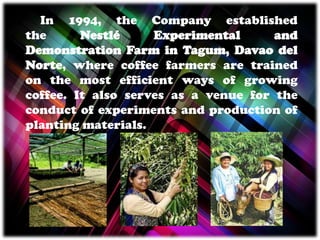 In 1994, the Company established
the Nestlé Experimental and
Demonstration Farm in Tagum, Davao del
Norte, where coffee farmers are trained
on the most efficient ways of growing
coffee. It also serves as a venue for the
conduct of experiments and production of
planting materials.
 