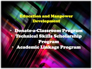 Education and Manpower
Development
• Donate-a-Classroom Program
• Technical Skills Scholarship
Program
• Academic Linkage Program
 
