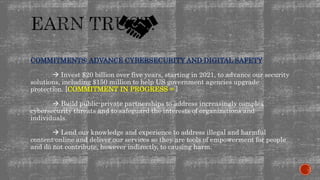 COMMITMENTS: ADVANCE CYBERSECURITY AND DIGITAL SAFETY
 Invest $20 billion over five years, starting in 2021, to advance our security
solutions, including $150 million to help US government agencies upgrade
protection. [COMMITMENT IN PROGRESS = ]
 Build public-private partnerships to address increasingly complex
cybersecurity threats and to safeguard the interests of organizations and
individuals.
 Lend our knowledge and experience to address illegal and harmful
content online and deliver our services so they are tools of empowerment for people
and do not contribute, however indirectly, to causing harm.
 