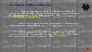 COMMITMENTS: PROTECT PUBLIC HEALTH
 Empower organizations with AI and data science to help them
improve the health of people and communities worldwide through our five-year,
$60 million investment in AI for Health, launched in 2020.
[COMMITMENT IN PROGRESS = ]
 Continue to support individuals, organizations, and communities
as they respond to and recover from the COVID-19 pandemic. [ACHIEVED ✓]
 Increase access to data, a key tool for addressing societal and
business challenges, by establishing 20 new data collaborations with nonprofits,
universities, companies, and governments by 2022. [ACHIEVED ✓]
 