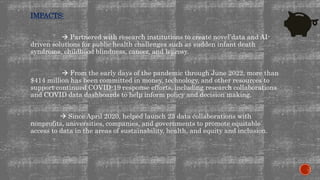 IMPACTS:
 Partnered with research institutions to create novel data and AI-
driven solutions for public health challenges such as sudden infant death
syndrome, childhood blindness, cancer, and leprosy.
 From the early days of the pandemic through June 2022, more than
$414 million has been committed in money, technology, and other resources to
support continued COVID-19 response efforts, including research collaborations
and COVID data dashboards to help inform policy and decision making.
 Since April 2020, helped launch 23 data collaborations with
nonprofits, universities, companies, and governments to promote equitable
access to data in the areas of sustainability, health, and equity and inclusion.
 