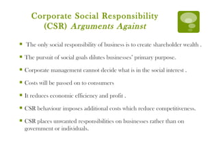 Corporate Social Responsibility (CSR)  Arguments Against The only social responsibility of business is to create shareholder wealth . The pursuit of social goals dilutes businesses’ primary purpose. Corporate management cannot decide what is in the social interest . Costs will be passed on to consumers  It reduces economic efficiency and profit . CSR behaviour imposes additional costs which reduce competitiveness. CSR places unwanted responsibilities on businesses rather than on government or individuals. 