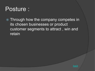 Posture :
 Through how the company competes in
its chosen businesses or product
customer segments to attract , win and
retain
back
 