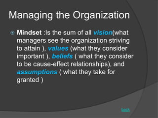 Managing the Organization
 Mindset :Is the sum of all vision(what
managers see the organization striving
to attain ), values (what they consider
important ), beliefs ( what they consider
to be cause-effect relationships), and
assumptions ( what they take for
granted )
back
 
