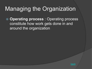 Managing the Organization
 Operating process : Operating process
constitute how work gets done in and
around the organization
back
 