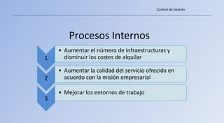 Control de Gestión




        Procesos Internos
    • Aumentar el número de infraestructuras y
1     disminuir los costes de alquilar

    • Aumentar la calidad del servicio ofrecida en
2     acuerdo con la misión empresarial

    • Mejorar los entornos de trabajo
3
 