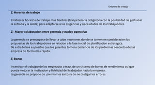 Entorno de trabajo

1) Horarios de trabajo

Establecer horarios de trabajo mas flexibles (franja horaria obligatoria con la posibilidad de gestionar
la entrada y la salida) para adaptarse a las exigencias y necesidades de los trabajadores.

2) Mayor colaboracion entre gerencia y nucleo operativo

La gerencia se preocupara de llevar a cabo reuniones donde se tomen en consideracion las
propuestas de los trabajadores en relacion a la fase inicial de planificacion estrategica.
De estra forma es posible que los gerentes tomen conciencia de los problemas concretos de las
empresa de forma mas rapida.

3) Bonos

Incentivar el trabajpo de los empleados a travs de un sistema de bonos de rendimiento asi que
pueda mejorar la motivacion y fidelidad del trabajador hacia la empresa .
La gerencia se propone de premiar los éxitos y de no castigar los errores.
 