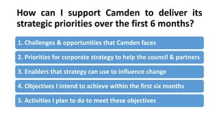 How can I support Camden to deliver its
strategic priorities over the first 6 months?
1. Challenges & opportunities that Camden faces
2. Priorities for corporate strategy to help the council & partners
3. Enablers that strategy can use to influence change
4. Objectives I intend to achieve within the first six months
5. Activities I plan to do to meet these objectives
 