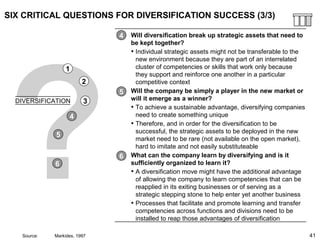 41
?
SIX CRITICAL QUESTIONS FOR DIVERSIFICATION SUCCESS (3/3)
Will diversification break up strategic assets that need to
be kept together?
• Individual strategic assets might not be transferable to the
new environment because they are part of an interrelated
cluster of competencies or skills that work only because
they support and reinforce one another in a particular
competitive context
Will the company be simply a player in the new market or
will it emerge as a winner?
• To achieve a sustainable advantage, diversifying companies
need to create something unique
• Therefore, and in order for the diversification to be
successful, the strategic assets to be deployed in the new
market need to be rare (not available on the open market),
hard to imitate and not easily substituteable
What can the company learn by diversifying and is it
sufficiently organized to learn it?
• A diversification move might have the additional advantage
of allowing the company to learn competencies that can be
reapplied in its exiting businesses or of serving as a
strategic stepping stone to help enter yet another business
• Processes that facilitate and promote learning and transfer
competencies across functions and divisions need to be
installed to reap those advantages of diversification
4
5
6
1
2
3
4
5
6
DIVERSIFICATION
Source: Markides, 1997
 