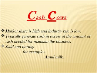 Cash cows
Market share is high and industry rate is low.
Typically generate cash in excess of the amount of
cash needed for maintain the business.
Staid and boring.
for example:-
Amul milk.
 