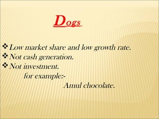Dogs
Low market share and low growth rate.
Not cash generation.
Not investment.
for example:-
Amul chocolate.
 