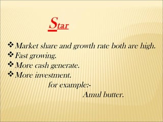 star
Market share and growth rate both are high.
Fast growing.
More cash generate.
More investment.
for example:-
Amul butter.
 