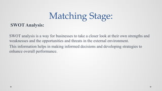 Matching Stage:
SWOT Analysis:
SWOT analysis is a way for businesses to take a closer look at their own strengths and
weaknesses and the opportunities and threats in the external environment.
This information helps in making informed decisions and developing strategies to
enhance overall performance.
 