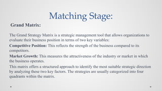 Matching Stage:
Grand Matrix:
The Grand Strategy Matrix is a strategic management tool that allows organizations to
evaluate their business position in terms of two key variables:
Competitive Position: This reflects the strength of the business compared to its
competitors.
Market Growth: This measures the attractiveness of the industry or market in which
the business operates.
This matrix offers a structured approach to identify the most suitable strategic direction
by analyzing these two key factors. The strategies are usually categorized into four
quadrants within the matrix.
 