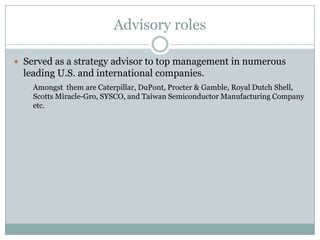 TeachingsIdeas are the foundation for courses on strategy and competitivenessAt HBS,  Microeconomics of Competitiveness is a graduate course. Taught in partnership with more than 80 other universities HBS program for newly appointed CEOs of the world’s largest and more complex corporations.Twice a year Professor Porter speaks widely on strategy, competitiveness, health care delivery, related subjects to business, government, non-profit, and philanthropic leaders.