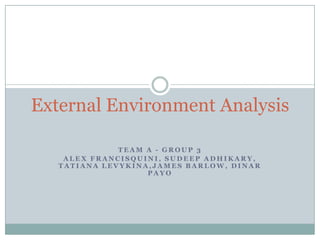 External Environment AnalysisTEAM A - GROUP 3ALEX FRANCISQUINI, SUDEEP ADHIKARY, TATIANA LEVYKINA,JAMES BARLOW, DINAR PAYO