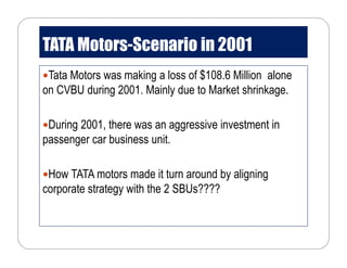 TATA Motors-Scenario in 2001
Tata Motors was making a loss of $108.6 Million alone
on CVBU during 2001. Mainly due to Market shrinkage.
During 2001, there was an aggressive investment in
passenger car business unit.
How TATA motors made it turn around by aligning
corporate strategy with the 2 SBUs????
 