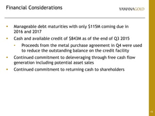 Financial Considerations
15
 Manageable debt maturities with only $115M coming due in
2016 and 2017
 Cash and available credit of $843M as of the end of Q3 2015
• Proceeds from the metal purchase agreement in Q4 were used
to reduce the outstanding balance on the credit facility
 Continued commitment to deleveraging through free cash flow
generation including potential asset sales
 Continued commitment to returning cash to shareholders
 