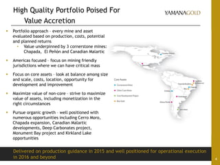 High Quality Portfolio Poised For
Value Accretion
4
Delivered on production guidance in 2015 and well positioned for operational execution
in 2016 and beyond
 Portfolio approach – every mine and asset
evaluated based on production, costs, potential
and planned returns
• Value underpinned by 3 cornerstone mines:
Chapada, El Peñón and Canadian Malartic
 Americas focused – focus on mining friendly
jurisdictions where we can have critical mass
 Focus on core assets – look at balance among size
and scale, costs, location, opportunity for
development and improvement
 Maximize value of non-core – strive to maximize
value of assets, including monetization in the
right circumstances
 Pursue organic growth – well positioned with
numerous opportunities including Cerro Moro,
Chapada expansion, Canadian Malartic
developments, Deep Carbonates project,
Monument Bay project and Kirkland Lake
opportunities
 