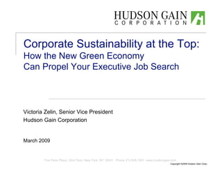 Corporate Sustainability at the Top:
How the New Green Economy
Can Propel Your Executive Job Search



Victoria Zelin, Senior Vice President
Hudson Gain Corporation


March 2009


        Five Penn Plaza, 23rd Floor, New York, NY 10001 Phone 212.835.1601 www.hudsongain.com
                                                                                         Copyright ©2009 Hudson Gain Corporation
 