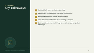 0 9 — S U M M A R Y
Key Takeaways
✔ Sustainability is now a core business strategy.
✔ Measurement is more valuable than broad commitments.
✔ Benchmarking supports smarter decision-making.
✔ Cross-functional collaboration drives meaningful progress.
✔ Continuous improvement builds long-term resilience and competitive
advantage.
CORPORATE SUSTAINABILITY BENCHMARKS 10
 