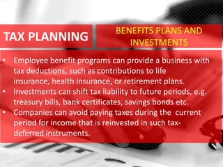TAX PLANNING
• Employee benefit programs can provide a business with
tax deductions, such as contributions to life
insurance, health insurance, or retirement plans.
• Investments can shift tax liability to future periods, e.g.
treasury bills, bank certificates, savings bonds etc.
• Companies can avoid paying taxes during the current
period for income that is reinvested in such tax-
deferred instruments.
BENEFITS PLANS AND
INVESTMENTS
 