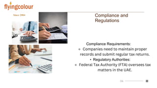 First Month Second Month Third Month
Compliance and
Regulations
Compliance Requirements:
⚬ Companies need to maintain proper
records and submit regular tax returns.
• Regulatory Authorities:
⚬ Federal Tax Authority (FTA) oversees tax
matters in the UAE.
 
