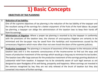 1) Basic Concepts
OBJECTIVES OF TAX PLANNING
1 Reduction of tax liability:
One of the supreme objectives of tax planning is the reduction of the tax liability of the taxpayer and
the resultant saving of the earnings for a better enjoyment of the fruits of the hard labour. By proper
tax planning, a taxpayer can oblige the administrators of the taxation laws to keep their hands off
from his earnings.
2 Minimization of litigation: Where a proper tax planning is resorted to by the taxpayer in conformity
with the provisions of the taxation laws, the chances of unscrupulous litigation are certainly to be
minimized and the tax-payer may be saved from the hardships and inconveniences caused by the
unnecessary litigations which more often than not even knock the doors of the supreme judiciary.
3 Productive investment: The planning is a measure of awareness of the taxpayer to the intricacies of the
taxation laws and it is the economic consciousness of the income-earner to find out the ways and
means of productive investment of the earnings which would go a long way to minimize his tax burden.
The taxation laws offer large avenues for the productive investment of the earnings granting absolute or
substantial relief from taxation. A taxpayer has to be constantly aware of such legal avenues as are
designed to open floodgates of his well-being, prosperity and happiness. When earnings are invested in
the avenues recognized by law, they are not only relieved of the brunt of taxation but they also
converted into means of further earnings.
 