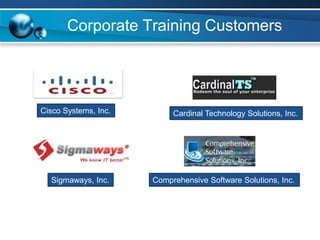 Corporate Training CustomersCisco Systems, Inc.Cardinal Technology Solutions, Inc.Comprehensive Software Solutions, Inc.Sigmaways, Inc.