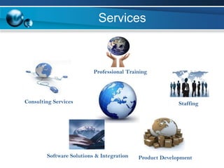 Services Professional TrainingConsulting ServicesStaffingSoftware Solutions & IntegrationProduct Development