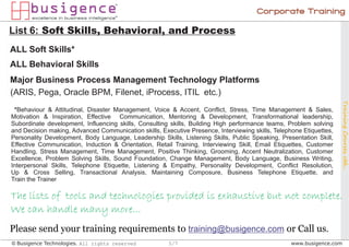 Corporate Training

List 6: Soft Skills, Behavioral, and Process
ALL Soft Skills*
ALL Behavioral Skills
Major Business Process Management Technology Platforms
(ARIS, Pega, Oracle BPM, Filenet, iProcess, ITIL etc.)




                                                                                                                     Training Courses ctd...
 *Behaviour & Attitudinal, Disaster Management, Voice & Accent, Conflict, Stress, Time Management & Sales,
Motivation & Inspiration, Effective Communication, Mentoring & Development, Transformational leadership,
Subordinate development, Influencing skills, Consulting skills, Building High performance teams, Problem solving
and Decision making, Advanced Communication skills, Executive Presence, Interviewing skills, Telephone Etiquettes,
Personality Development, Body Language, Leadership Skills, Listening Skills, Public Speaking, Presentation Skill,
Effective Communication, Induction & Orientation, Retail Training, Interviewing Skill, Email Etiquettes, Customer
Handling, Stress Management, Time Management, Positive Thinking, Grooming, Accent Neutralization, Customer
Excellence, Problem Solving Skills, Sound Foundation, Change Management, Body Language, Business Writing,
Interpersonal Skills, Telephone Etiquette, Listening & Empathy, Personality Development, Conflict Resolution,
Up & Cross Selling, Transactional Analysis, Maintaining Composure, Business Telephone Etiquette, and
Train the Trainer

The lists of tools and technologies provided is exhaustive but not complete.
We can handle many more...
Please send your training requirements to training@busigence.com or Call us.
© Busigence Technologies. All rights reserved          5/7                                         www.busigence.com
 