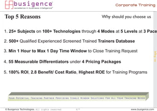 Corporate Training


Top 5 Reasons                                                    Why should you choose us


1. 25+ Subjects on 100+ Technologies through 4 Modes at 5 Levels at 3 Pace

2. 500+ Qualified Experienced Screened Trained Trainers Database

3. Min 1 Hour to Max 1 Day Time Window to Close Training Request




                                                                                                     Why us
4. 55 Measurable Differentiators under 4 Pricing Packages

5. 180% ROI, 2.8 Benefit/ Cost Ratio, Highest ROE for Training Programs




  Your Potential Training Partner Providing Single Window Solutions For All Your Training Needs



© Busigence Technologies. All rights reserved   6/7                                  www.busigence.com
 