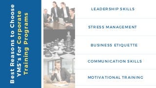 BestReasonstoChoose
YMS’sforCorporate
TrainingPrograms
LEADERSHIP SKILLS
BUSINESS ETIQUETTE
STRESS MANAGEMENT
COMMUNICATION SKILLS
MOTIVATIONAL TRAINING
 