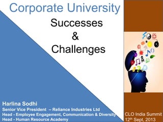 Corporate University
Successes
&
Challenges
CLO India Summit
12th Sept, 2013
Harlina Sodhi
Senior Vice President – Reliance Industries Ltd
Head - Employee Engagement, Communication & Diversity
Head - Human Resource Academy
 