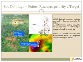 Sao Domingo – Fofoca Resource Target
outcrop
0.5m @ 6.3g/t
1.0m @ 3.6g/t
Fofoca Trend
Cachoeirinha Trend
Fofoca Mine area
Cachoeirinha vein
13.4 g/t, 8.2g/t, 8.0g/t, 7.8g/t
JORC Inferred resource estimate
prepared by Geosure (Australia) for
Fofoca
2.1 million tonnes grading 2.0 g/t Au
for 130,000 ounces of contained gold
at a cut-off grade of 0.5 g/t Au.
• Plans to extend resource into
Cachoeirinha based on magnetics
and coincident gold results.
•Application for renewal in with
DNPM
13
 