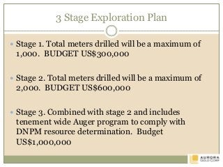 3 Stage Exploration Plan
 Stage 1. Total meters drilled will be a maximum of
1,000. BUDGET US$300,000
 Stage 2. Total meters drilled will be a maximum of
2,000. BUDGET US$600,000
 Stage 3. Combined with stage 2 and includes
tenement wide Auger program to comply with
DNPM resource determination. Budget
US$1,000,000
 