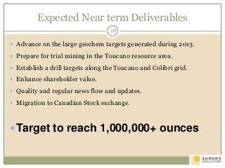 Expected Near term Deliverables
 Advance on the large geochem targets generated during 2013.
 Prepare for trial mining in the Toucano resource area.
 Establish a drill targets along the Toucano and Colibri grid.
 Enhance shareholder value.
 Quality and regular news flow and updates.
 Migration to Canadian Stock exchange.
 Target to reach 1,000,000+ ounces
28
 