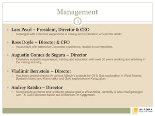 Corporate
 Trading on OTC-BB : ARXG
 Frankfurt : WKN 904846
 Shares issued : 50,000,000
: 55,000,000 fully diluted
 Market cap : US$2.5 million
Auditors:
Peterson Sullivan LLP
601 Union Street, Suite 2300
Seattle, Washington,USA,98101
Telephone: +1 206 382 7777
Fax: +1 206 382 7700
http://www.pscpa.com/
Legal representation:
Joseph Sierchio, Esq.
Sierchio & Company, LLP
450 Park Avenue, Suite702
New York, New York 10022
Tel. : +1 (212) 246-3030
Fax.: +1 (212) 486-0208
5
 
