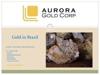 Gold in Brazil
Contact : Lars Pearl, CEO and Director
C/- Coresco AG
Level 3
Gotthardstrasse 20
6300 Zug
Switzerland
+41 41 711 02 81
www.aurora-gold.com
1
 