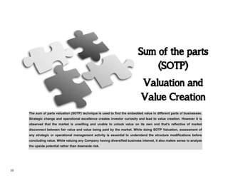 10
Sum of the parts
(SOTP)
Valuation and
Value Creation
The sum of parts valuation (SOTP) technique is used to find the embedded value in different parts of businesses.
Strategic change and operational excellence creates investor curiosity and lead to value creation. However it is
observed that the market is unwilling and unable to unlock value on its own and that’s reflective of market
disconnect between fair value and value being paid by the market. While doing SOTP Valuation, assessment of
any strategic or operational management activity is essential to understand the structure modifications before
concluding value. While valuing any Company having diversified business interest, it also makes sense to analyze
the upside potential rather than downside risk.
 