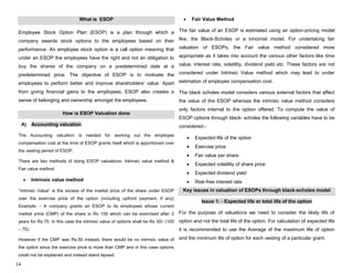 14
What is ESOP
Employee Stock Option Plan (ESOP) is a plan through which a
company awards stock options to the employees based on their
performance. An employee stock option is a call option meaning that
under an ESOP the employees have the right and not an obligation to
buy the shares of the company on a predetermined date at a
predetermined price. The objective of ESOP is to motivate the
employees to perform better and improve shareholders' value. Apart
from giving financial gains to the employees, ESOP also creates a
sense of belonging and ownership amongst the employees.
How is ESOP Valuation done
A) Accounting valuation
The Accounting valuation is needed for working out the employee
compensation cost at the time of ESOP grants Itself which is apportioned over
the vesting period of ESOP.
There are two methods of doing ESOP valuations- Intrinsic value method &
Fair value method.
Intrinsic value method
”Intrinsic Value” is the excess of the market price of the share under ESOP
over the exercise price of the option (including upfront payment, if any)
Example: - A company grants an ESOP to its employees whose current
market price (CMP) of the share is Rs 100 which can be exercised after 2
years for Rs 70. In this case the intrinsic value of options shall be Rs 30/- (100
– 70).
However if the CMP was Rs.50 instead, there would be no intrinsic value of
the option since the exercise price is more than CMP and in this case options
could not be explained and instead stand lapsed.
Fair Value Method
The fair value of an ESOP is estimated using an option-pricing model
like, the Black-Scholes or a binomial model. For undertaking fair
valuation of ESOPs, the Fair value method considered more
appropriate as it takes into account the various other factors like time
value, interest rate, volatility, dividend yield etc. These factors are not
considered under Intrinsic Value method which may lead to under
estimation of employee compensation cost.
The black scholes model considers various external factors that affect
the value of the ESOP whereas the intrinsic value method considers
only factors internal to the option offered. To compute the value of
ESOP options through black- scholes the following variables have to be
considered:-
Expected life of the option
Exercise price
Fair value per share
Expected volatility of share price
Expected dividend yield
Risk-free interest rate
Key issues in valuation of ESOPs through black-scholes model
Issue 1: - Expected life or total life of the option
For the purpose of valuations we need to consider the likely life of
option and not the total life of the option. For calculation of expected life
it is recommended to use the Average of the maximum life of option
and the minimum life of option for each vesting of a particular grant.
 